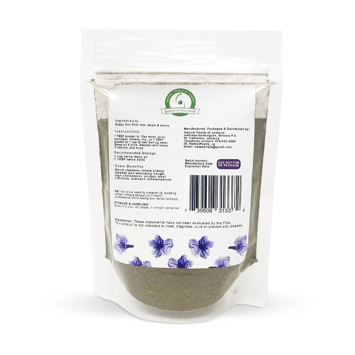 Natural Pearls of Jamaica Duppy Gun (Ruellia Tuberosa) Powder, 3oz